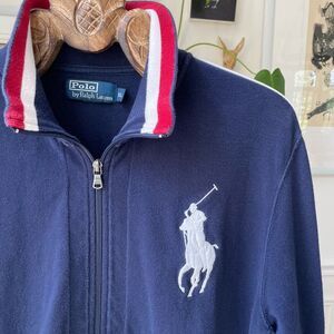 Vintage Polo Ralph Lauren Blue Pique Cotton Big Pony Full Zip Jacket XL Red Whit